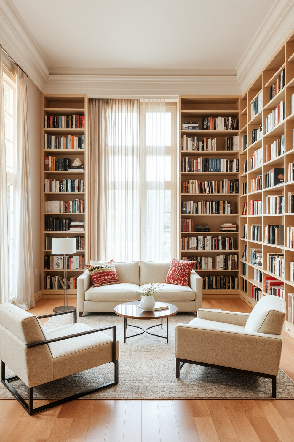 A serene home library featuring a neutral color palette that promotes calm vibes. The walls are painted in soft beige, complemented by light wood bookshelves filled with a variety of books. Cozy seating arrangements include a plush cream-colored sofa and a pair of minimalist armchairs. A large area rug in muted tones anchors the space, while natural light pours in through large windows adorned with sheer curtains.