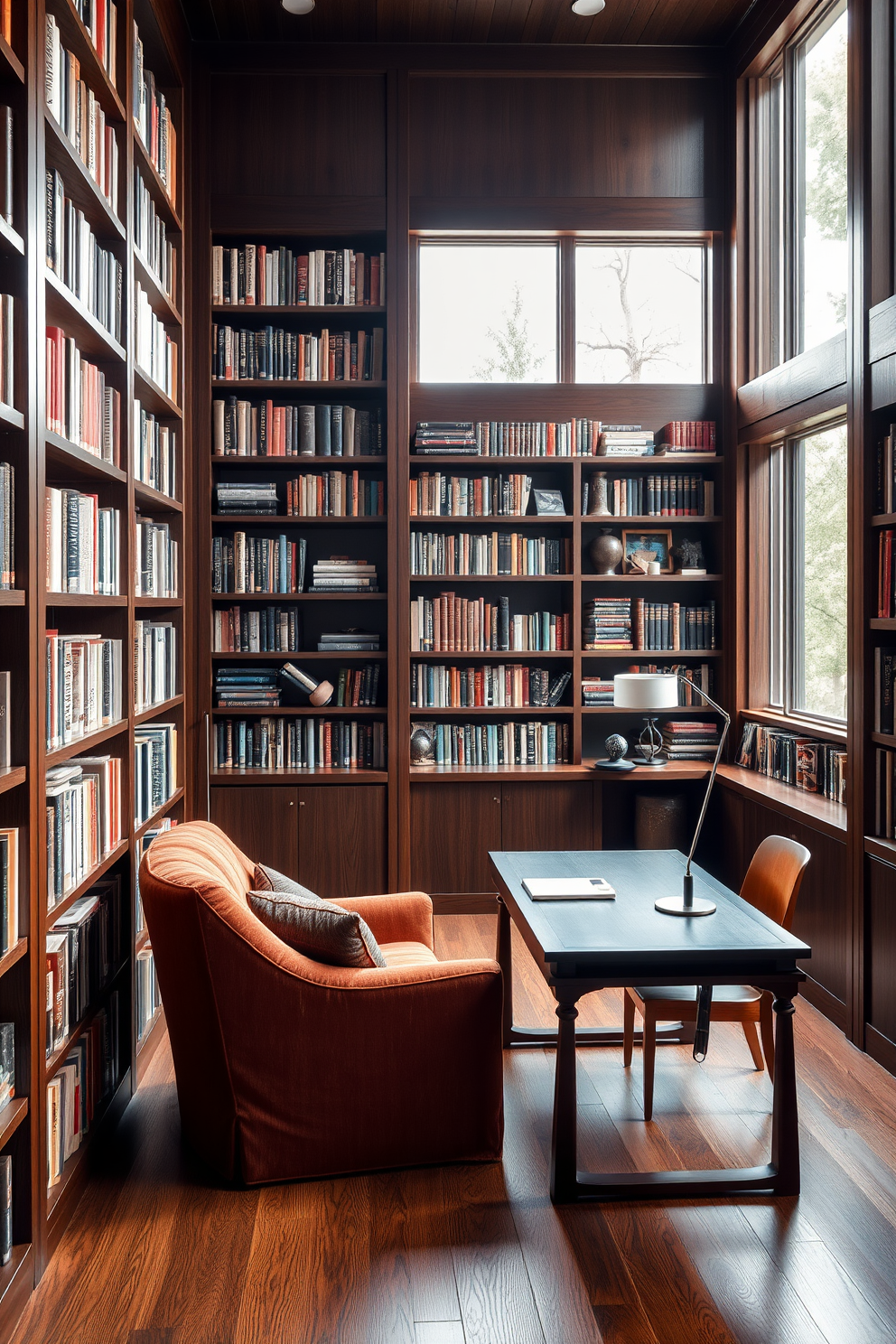 A modern home library with large windows allowing natural light to flood the space. The walls are lined with sleek built-in bookshelves filled with an extensive collection of books, complemented by a cozy reading nook featuring a plush armchair and a small side table.