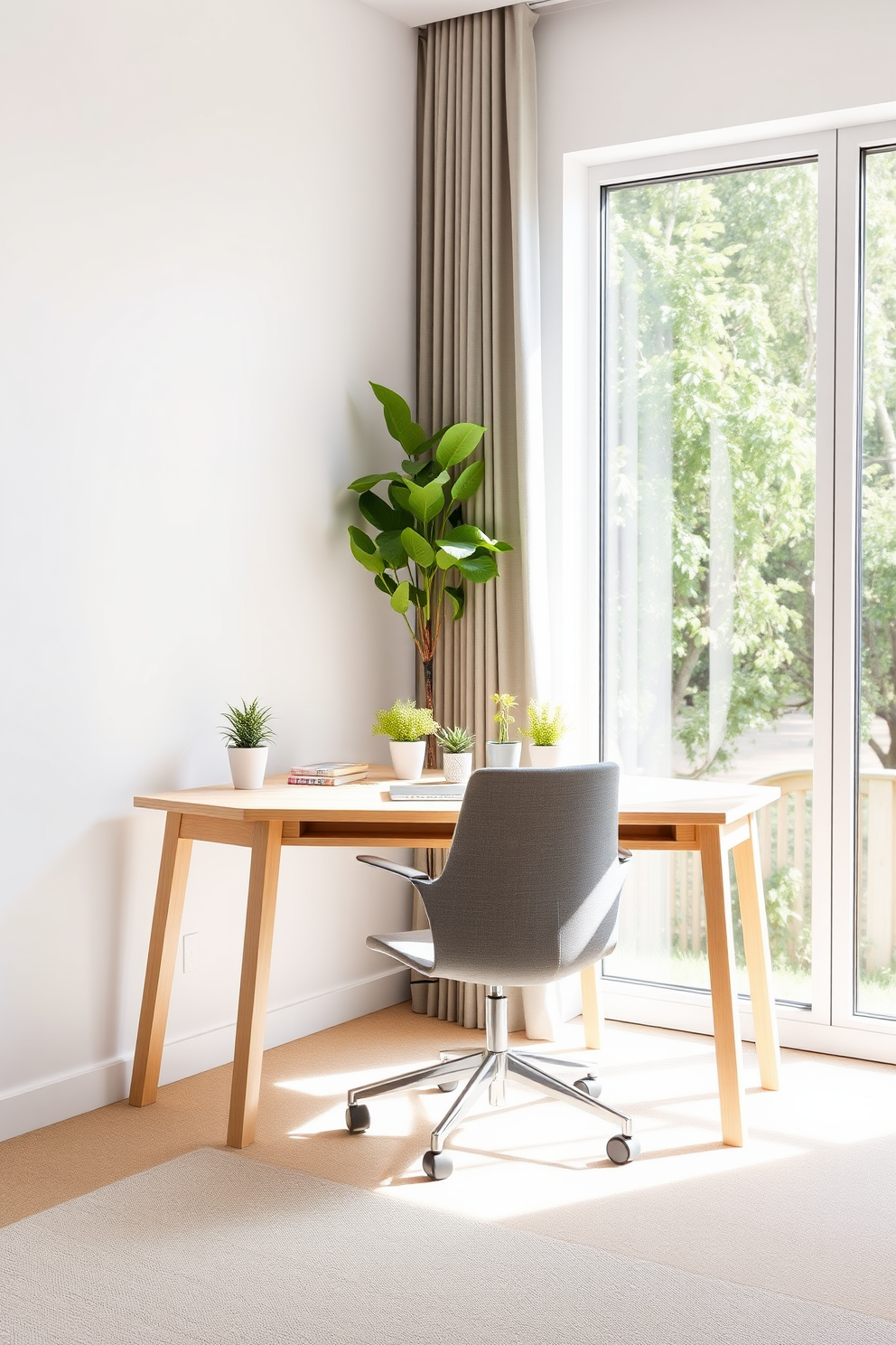 A minimalist desk made of light wood with clean lines sits against a white wall. An ergonomic chair in a soft gray fabric complements the desk, creating a serene workspace. Natural light floods the room through a large window, enhancing the airy atmosphere. A few potted plants are placed on the desk for a touch of greenery and a calming effect.