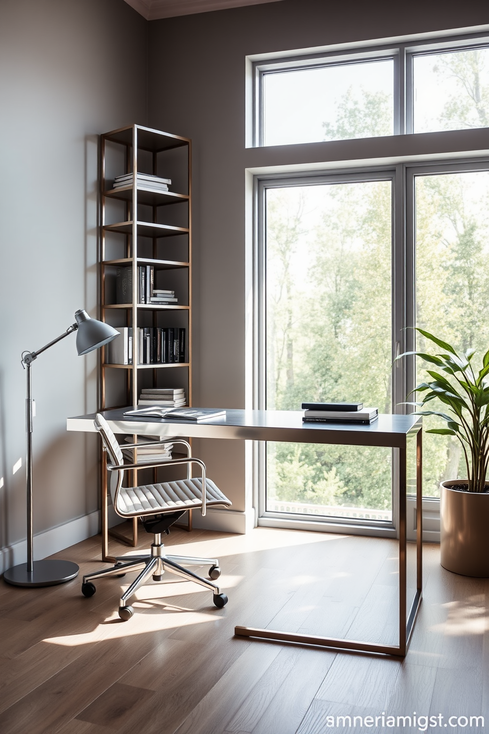 A modern home office featuring sleek metal accents throughout the space. A minimalist desk with a polished metal frame is paired with an ergonomic chair that has metallic detailing. The walls are painted in a soft gray hue, creating a serene backdrop for productivity. A large window allows natural light to flood the room, highlighting a stylish bookshelf with metal shelving.