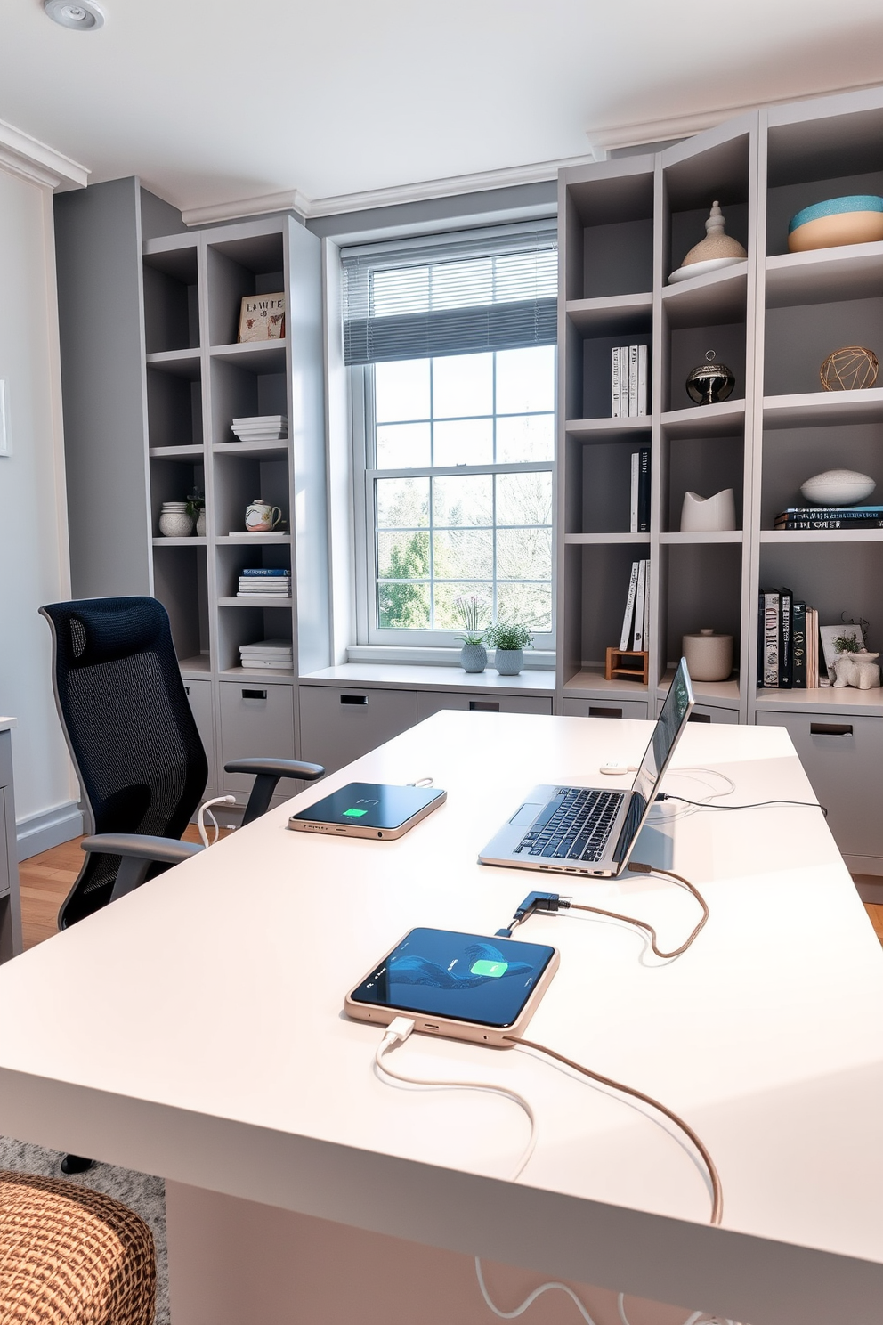 A tech-friendly workspace featuring sleek charging stations integrated into the desk. The room is adorned with minimalist furniture, a large window providing natural light, and a calming color palette of soft grays and whites. An ergonomic chair complements the modern desk, which is equipped with multiple USB ports and cable management solutions. Shelves lined with books and decorative items add a personal touch while maintaining a clutter-free environment.