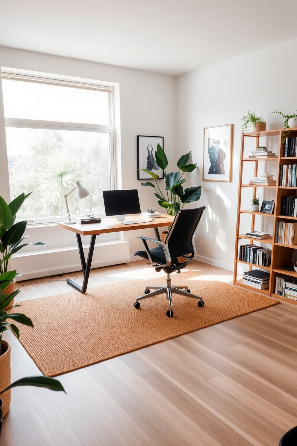 A modern home office features a sleek wooden desk positioned in front of a large window that allows natural light to flood the space. A textured rug in warm tones anchors the room, adding comfort and style beneath a stylish ergonomic chair. The walls are adorned with minimalist art, while a bookshelf filled with neatly arranged books and decorative items lines one side of the room. Potted plants in the corners bring a touch of greenery, enhancing the inviting atmosphere of the workspace.