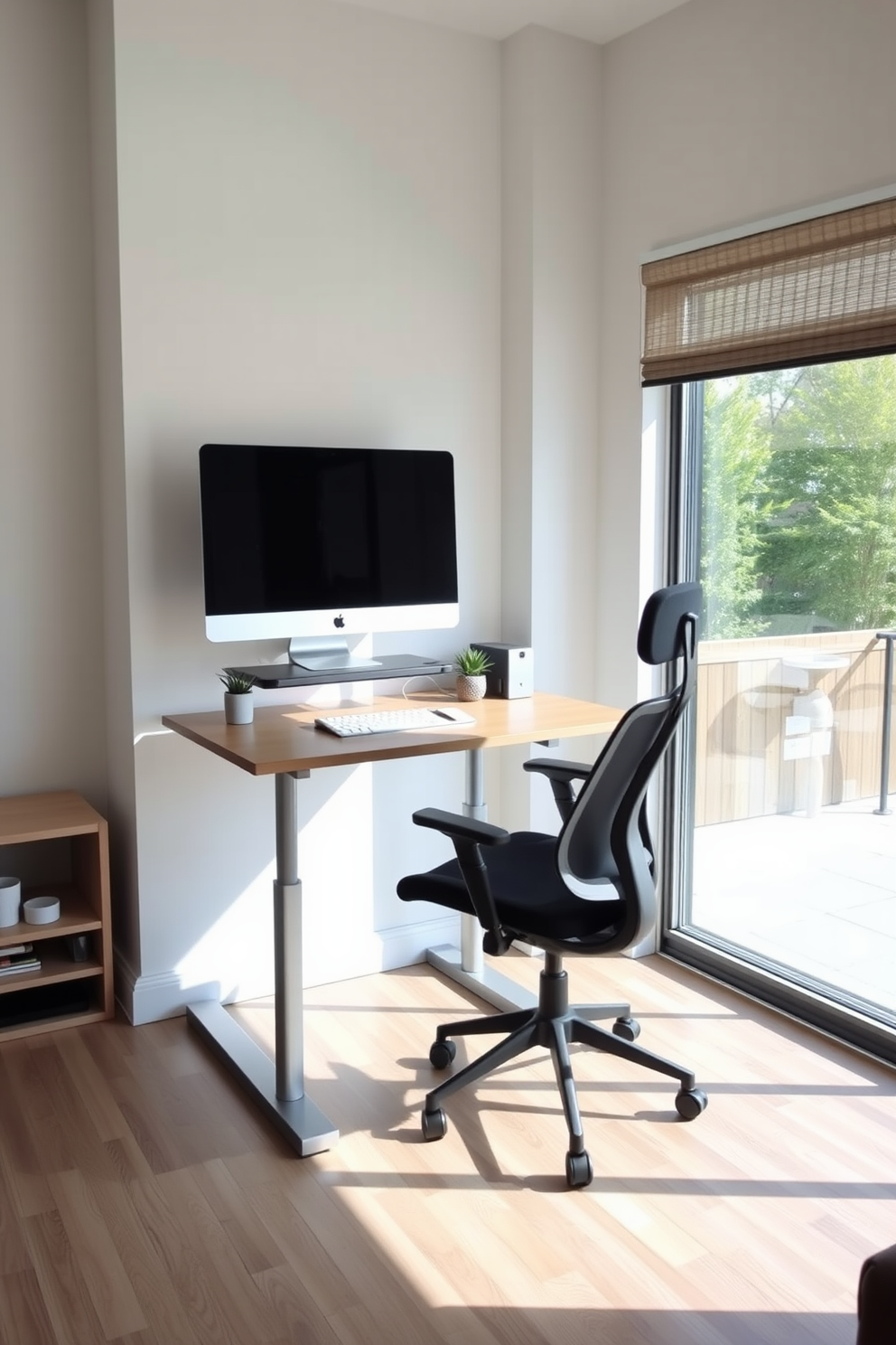 A modern home office featuring an adjustable standing desk that allows for flexibility in working positions. The desk is paired with an ergonomic chair and positioned near a large window that lets in ample natural light.