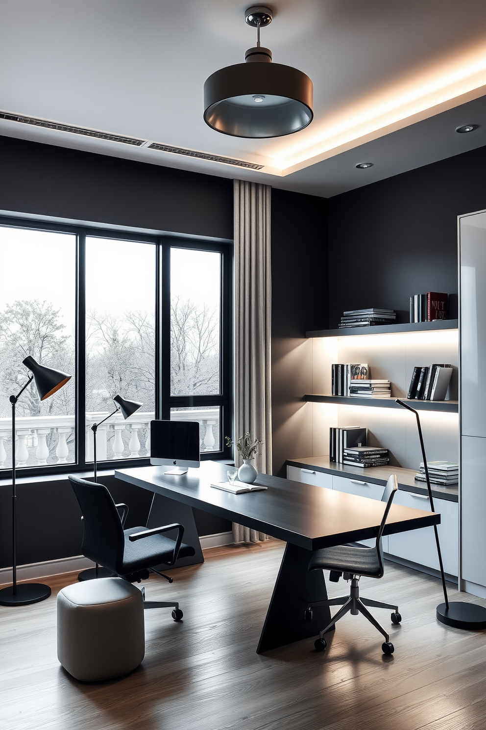 A modern home office features sleek furniture with a minimalist aesthetic. The desk is positioned near a large window, allowing natural light to flood the space, complemented by stylish pendant lighting above. Creative lighting solutions enhance the ambiance throughout the room. Soft LED strips outline the shelves, while a statement floor lamp adds a touch of elegance and functionality.