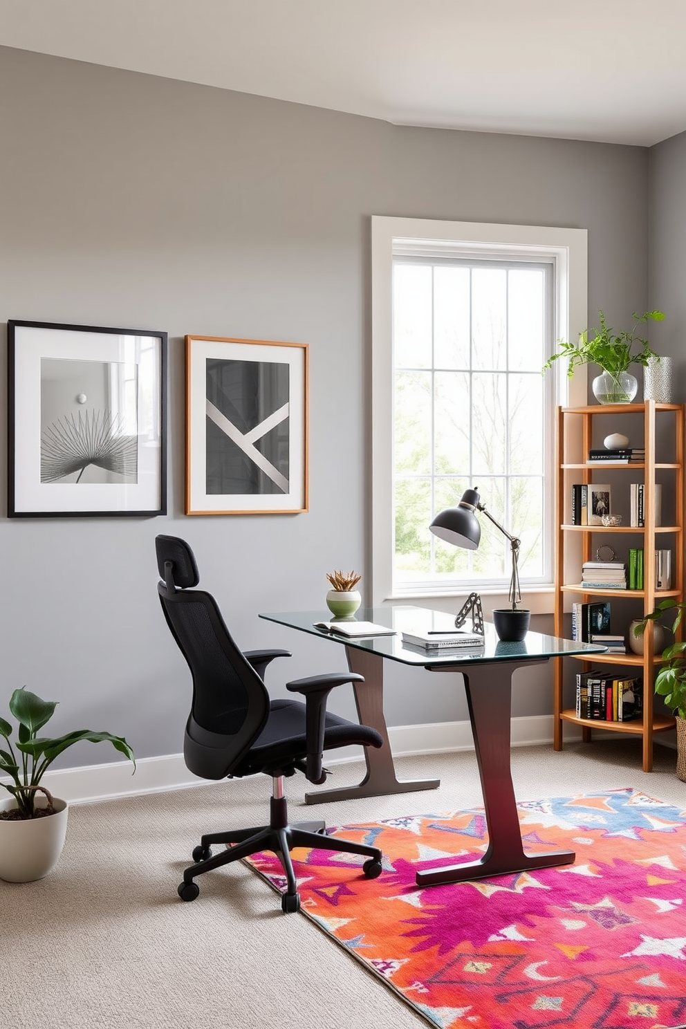 A modern home office featuring a sleek glass desk positioned against a wall adorned with framed artwork. A comfortable ergonomic chair sits at the desk, and a stylish bookshelf filled with decorative items and books is placed to the side. The color palette includes soft gray walls and a vibrant accent rug that adds warmth to the space. Natural light floods in through a large window, and a few indoor plants are strategically placed to enhance the ambiance.