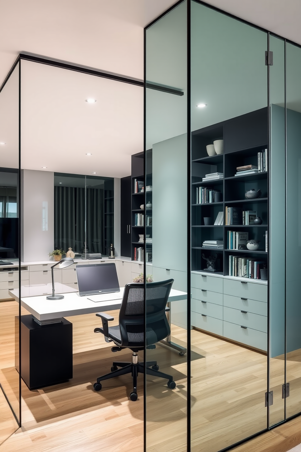 A modern home office features sleek glass partitions that create an open and airy atmosphere. The workspace includes a minimalist desk with a comfortable ergonomic chair and shelves filled with books and decorative items.