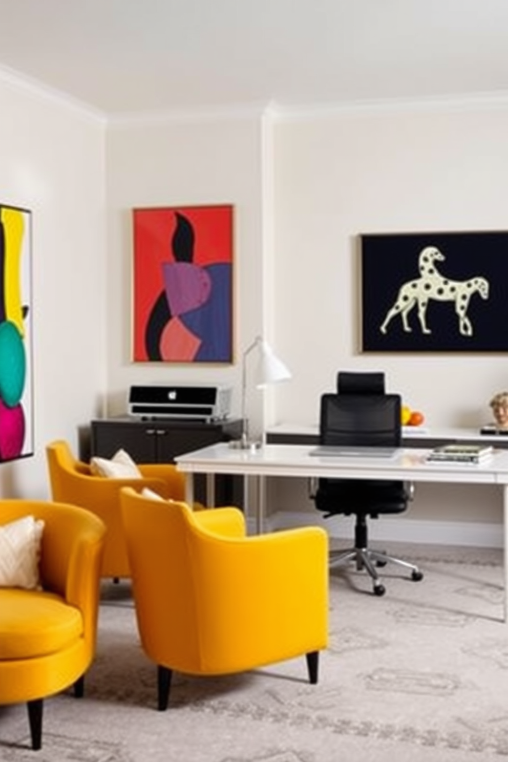 Create a modern home office featuring bold accent chairs that serve as a style statement. The workspace includes a sleek desk with a minimalist design, surrounded by vibrant artwork on the walls that adds personality and creativity to the environment.