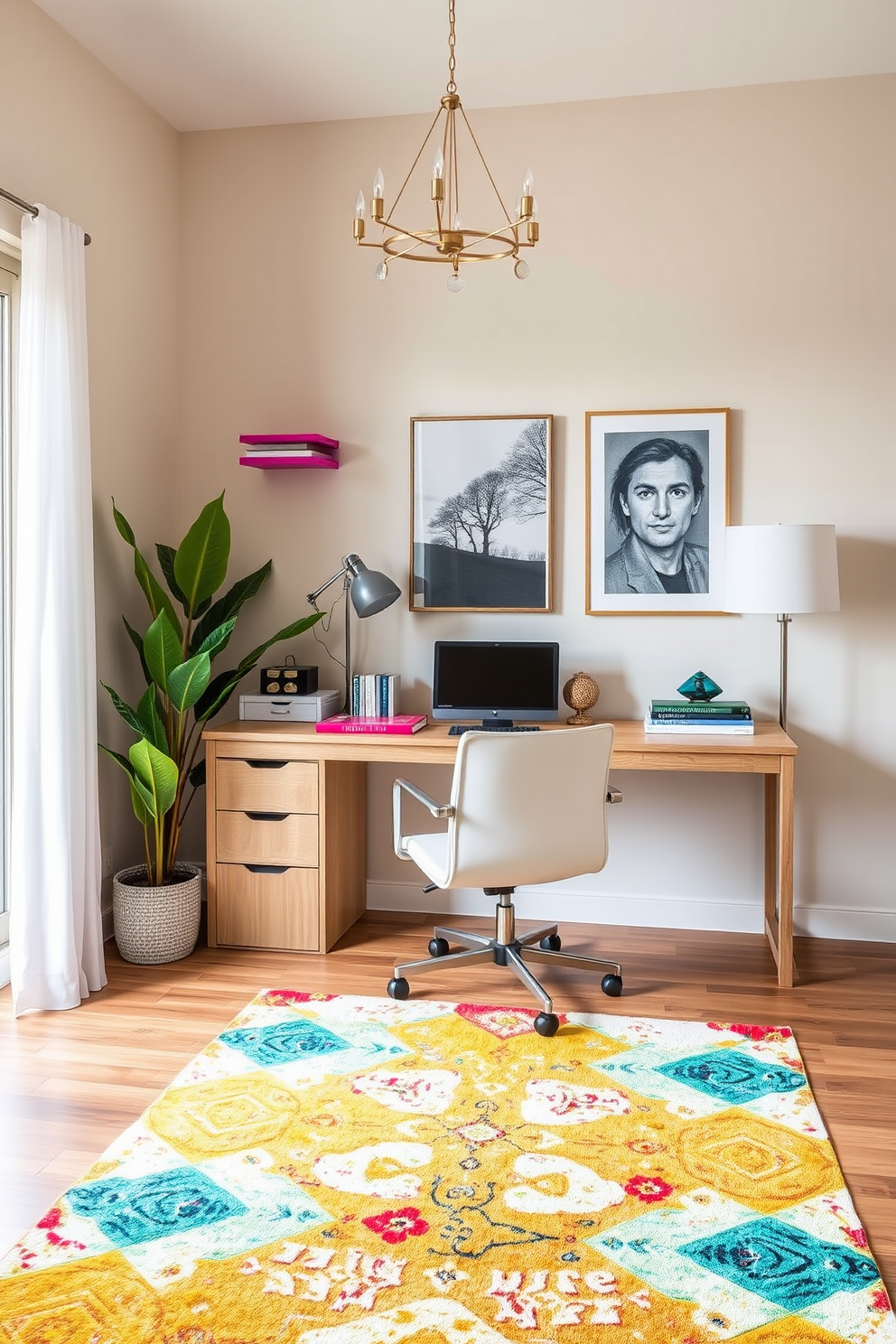 A modern home office featuring neutral tones as the primary palette. Bright colorful accents are added through decorative items, artwork, and a vibrant area rug.