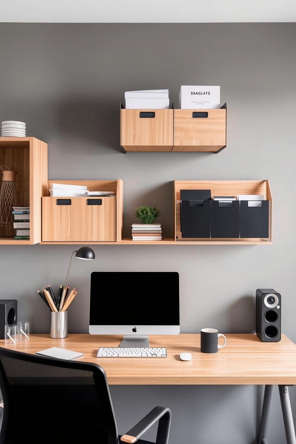 A modern home office features sleek wall-mounted organizers that keep the workspace clutter-free. The organizers are made of light wood and metal, providing both functionality and a contemporary aesthetic.