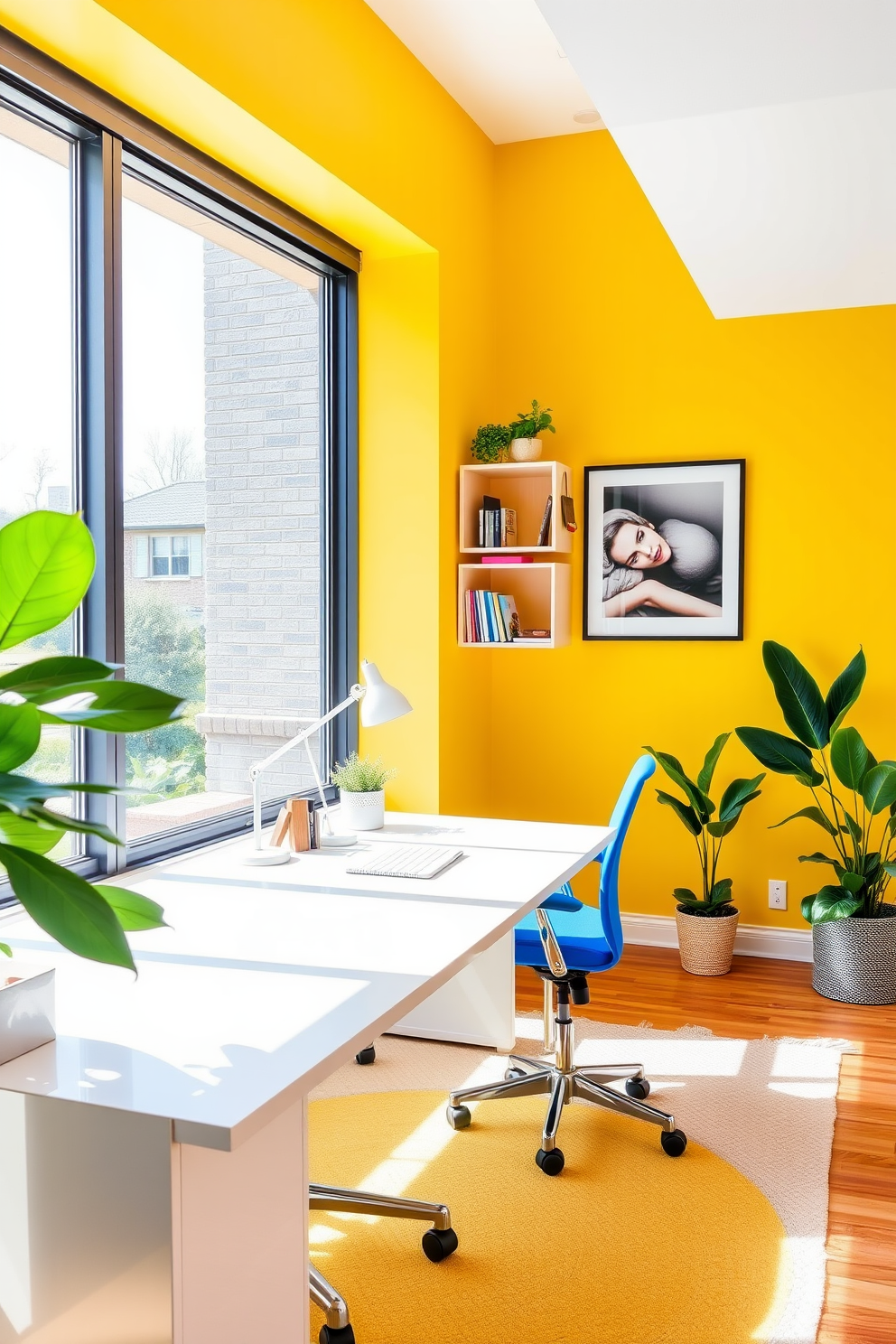 A modern home office filled with bright colors to create a vibrant atmosphere. The walls are painted in a cheerful yellow, complemented by a sleek white desk and a comfortable blue ergonomic chair. Large windows allow natural light to flood the space, enhancing the lively ambiance. Decorative green plants are placed around the room, adding a touch of freshness and energy to the design.