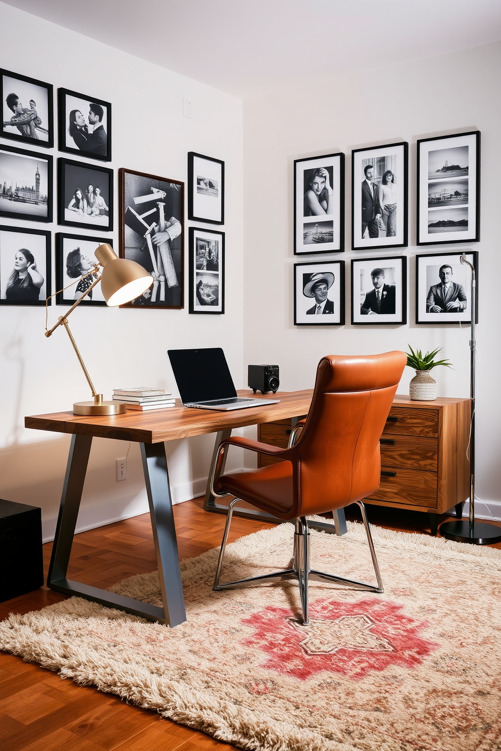 A modern home office that seamlessly blends vintage elements with contemporary design. The space features a reclaimed wood desk paired with sleek metal legs, and a vintage leather chair that adds character to the room. On the walls, a gallery of framed black and white photographs complements the modern decor. A plush area rug with an intricate pattern anchors the space, while a stylish floor lamp provides warm lighting for a cozy atmosphere.