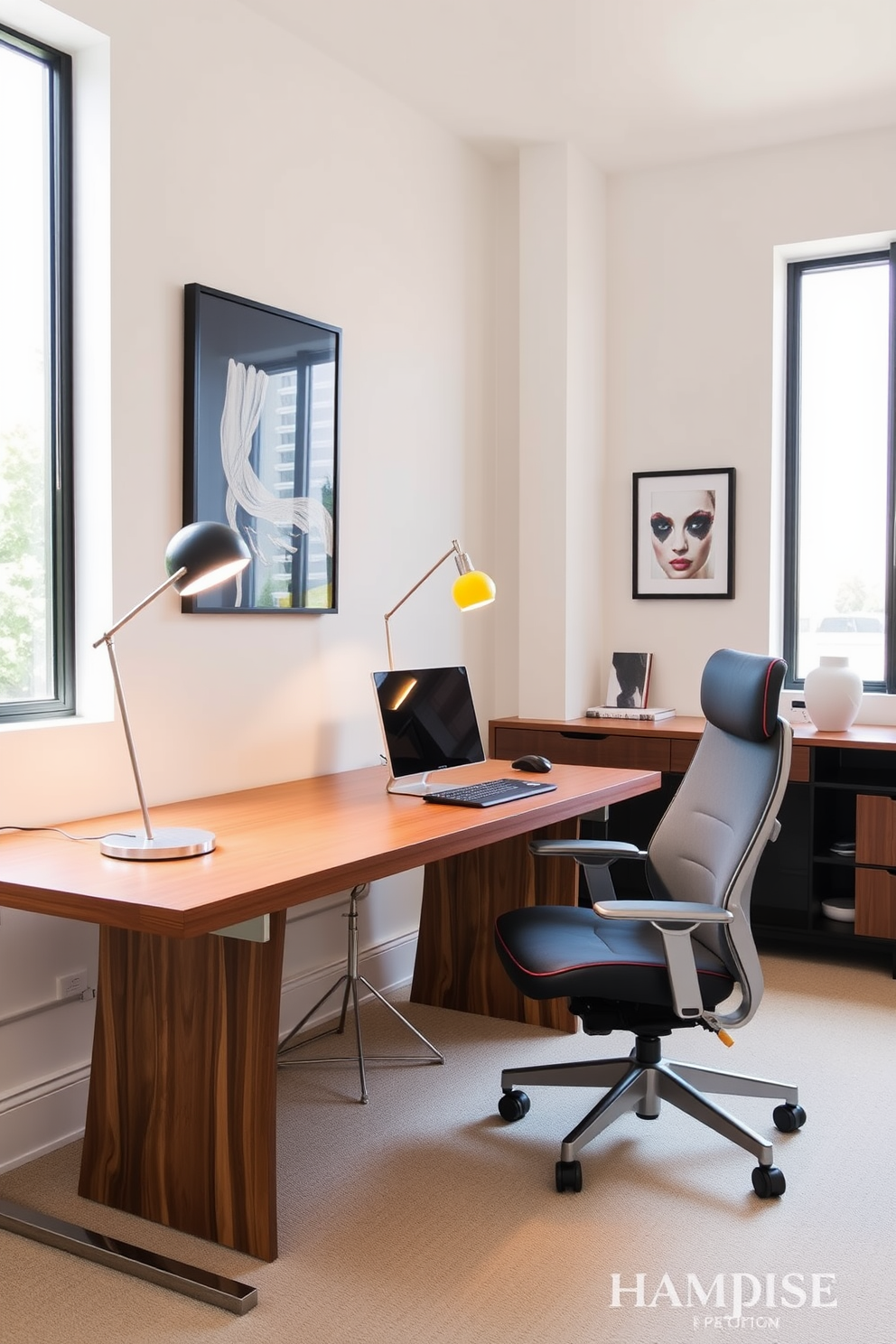 Artistic desk lamps with sculptural designs and vibrant colors illuminate a sleek wooden desk in a modern home office. The space features a minimalist aesthetic with a neutral color palette and large windows that allow natural light to flood in. The walls are adorned with contemporary artwork, adding a personal touch to the environment. A plush ergonomic chair complements the desk, providing comfort for long hours of work while maintaining a stylish look.