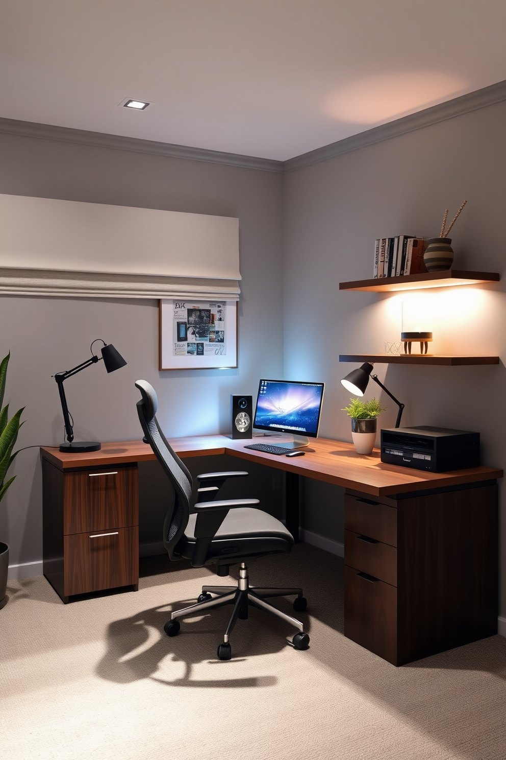 A modern home office designed for functionality features layered lighting that enhances productivity. The space includes a sleek desk with a comfortable ergonomic chair, surrounded by ambient, task, and accent lighting for a well-balanced atmosphere.