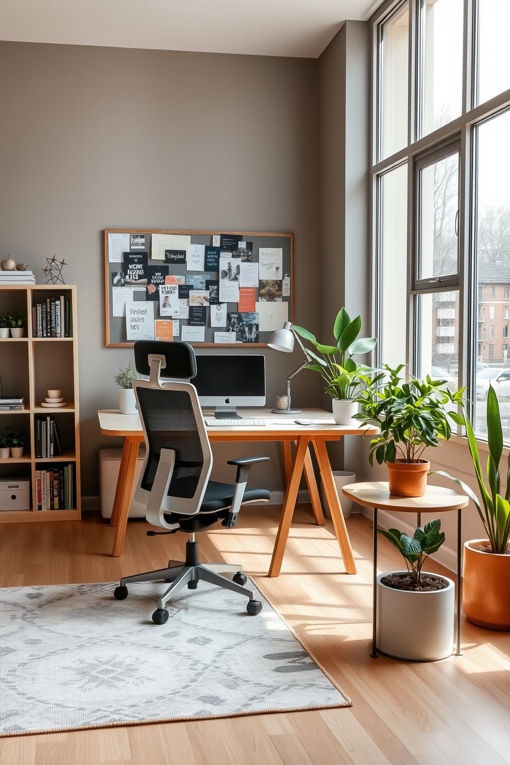 A modern home office featuring a sleek desk made of light wood with a comfortable ergonomic chair. The walls are adorned with a bulletin board filled with inspiration, and large windows allow natural light to flood the space. A minimalist bookshelf stands against one wall, displaying neatly organized books and decorative items. A stylish rug in neutral tones anchors the room, while potted plants add a touch of greenery and warmth.