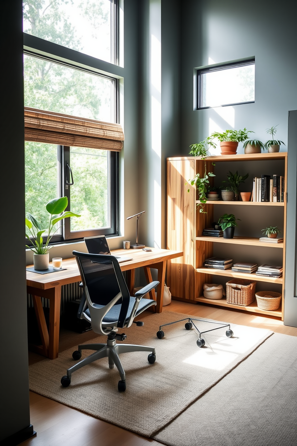 A modern home office featuring sustainable materials with a sleek wooden desk made from reclaimed wood. The walls are adorned with eco-friendly paint in a calming color, and a large window allows natural light to flood the space. A comfortable ergonomic chair made from recycled materials complements the desk. Shelves made from bamboo display plants and books, creating a harmonious and productive environment.