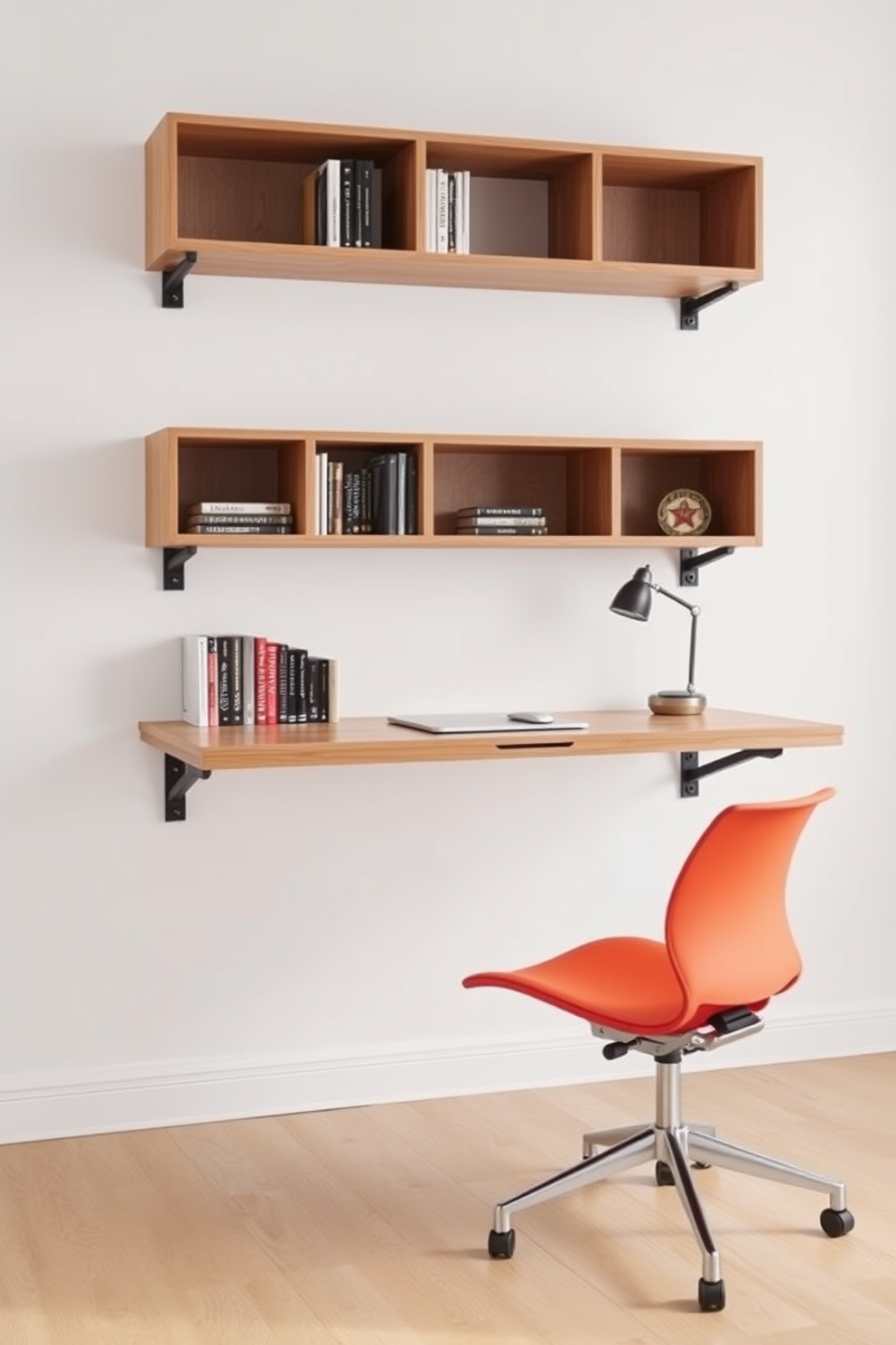 A sleek floating desk is mounted against a white wall, creating an illusion of space in the room. The desk features a minimalist design with clean lines and a natural wood finish, complemented by stylish metal brackets. Above the desk, a series of open shelves provide both storage and display space for books and decorative items. A comfortable ergonomic chair in a bold color adds a pop of personality to the modern home office setup.