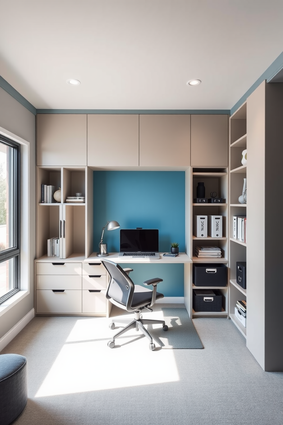 A modern home office features a sleek desk with built-in shelving for optimal organization. The walls are painted in a calming blue hue, and a comfortable ergonomic chair complements the minimalist aesthetic. Incorporated smart storage solutions include hidden compartments within the desk and stylish storage bins on the shelves. A large window allows natural light to flood the space, enhancing productivity and creating an inviting atmosphere.