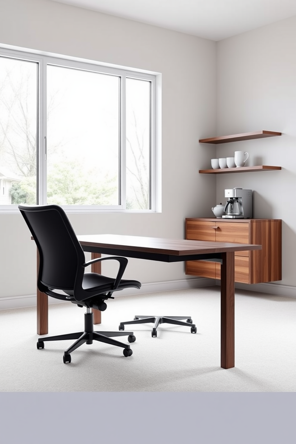 A modern home office features a sleek desk made of dark wood with a minimalist design. Behind the desk, a comfortable ergonomic chair is positioned, and a large window allows natural light to flood the space. To the side, a stylish coffee station is set up with a compact espresso machine and a set of elegant mugs displayed on a floating shelf. The walls are painted in a calming light gray, complementing the warm tones of the wooden furniture.