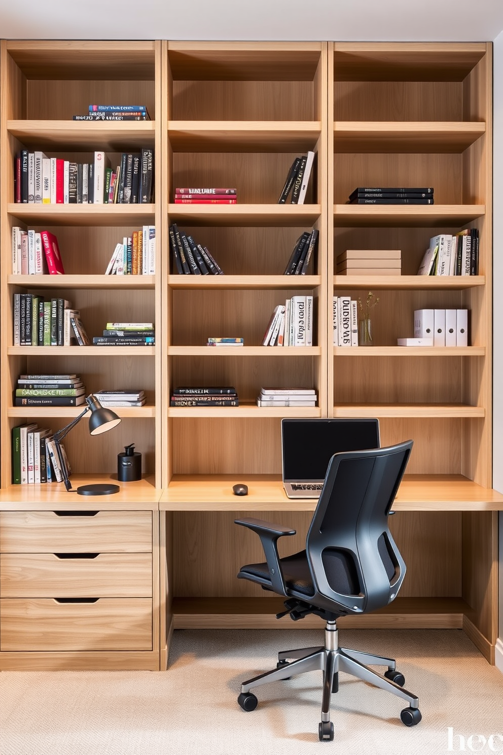 A modern home office features open shelving that provides easy access to books and office supplies. The shelves are made of light wood and are complemented by a sleek desk with a minimalist design and a comfortable ergonomic chair.