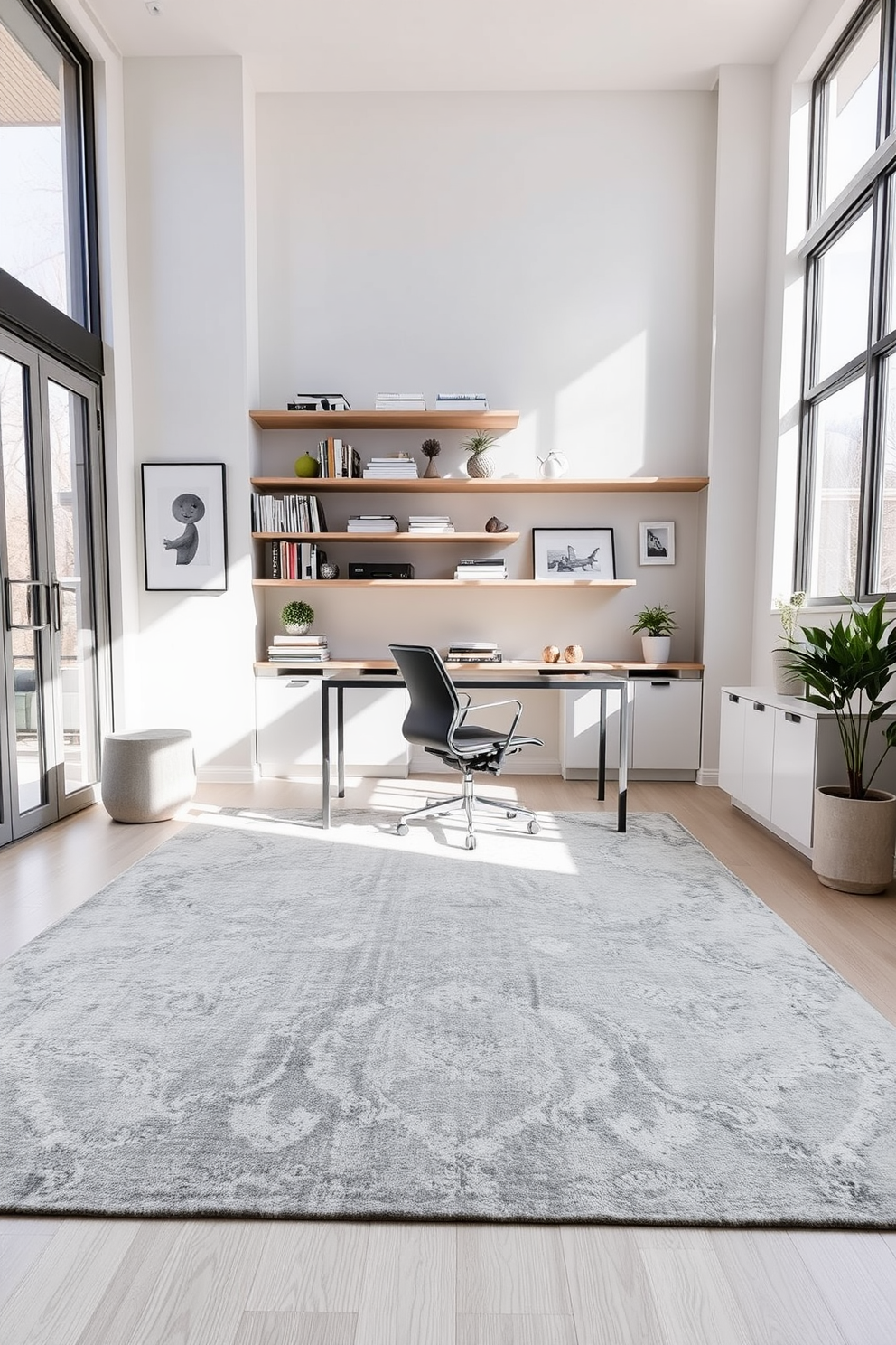 A modern home office features a large area rug that defines the workspace, creating a cozy and inviting atmosphere. The desk is sleek and minimalistic, paired with an ergonomic chair that complements the overall aesthetic. Natural light floods the room through large windows, highlighting the neutral color palette of soft grays and whites. Stylish shelves line the walls, adorned with books and decorative items that add personality to the space.