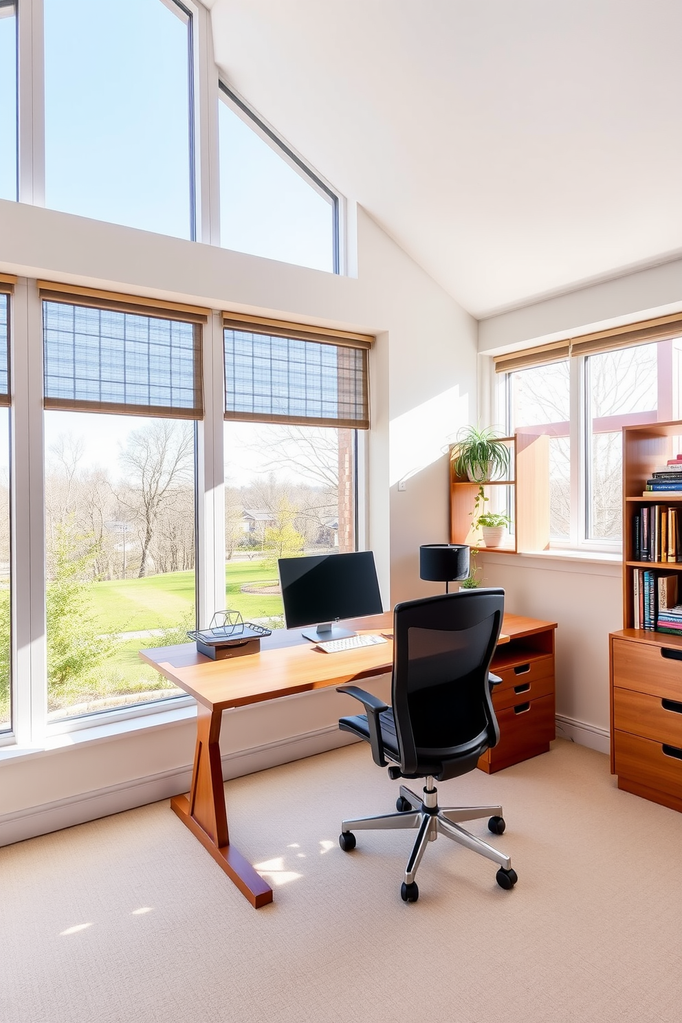 A bright and airy home office space filled with natural light streaming through large floor-to-ceiling windows. The room features a sleek wooden desk positioned to take advantage of the view, complemented by a comfortable ergonomic chair and stylish shelving units.