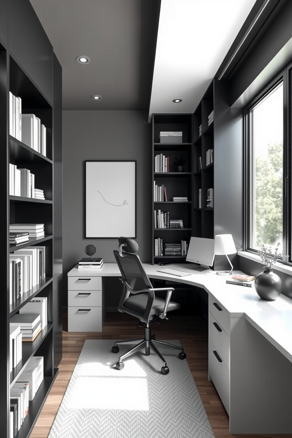 A modern home office featuring a monochrome palette with shades of black, white, and gray. The sleek desk is positioned against a wall adorned with minimalist artwork, complemented by a stylish ergonomic chair. Floor-to-ceiling bookshelves in a matte black finish line one side of the room, filled with neatly organized books and decorative objects. A large window allows natural light to flood the space, enhancing the clean lines and open feel of the office.