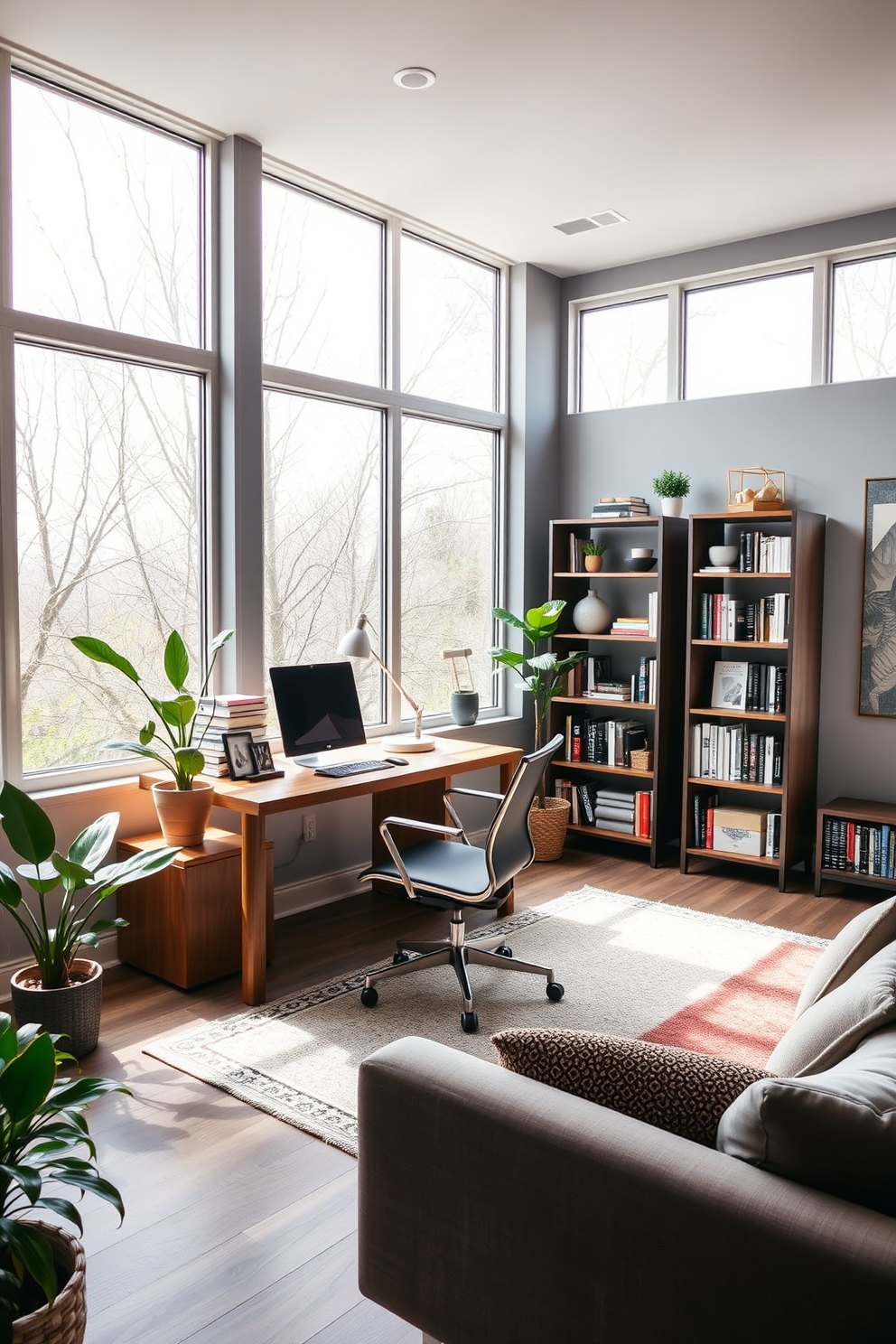 A modern home office with large windows allowing natural light to flood the space. A sleek wooden desk is positioned in front of the windows, complemented by an ergonomic chair and a potted plant on the corner for a touch of greenery. The walls are painted in a soft gray, creating a calming atmosphere. A stylish bookshelf filled with books and decorative items lines one wall, while a cozy rug anchors the seating area nearby.