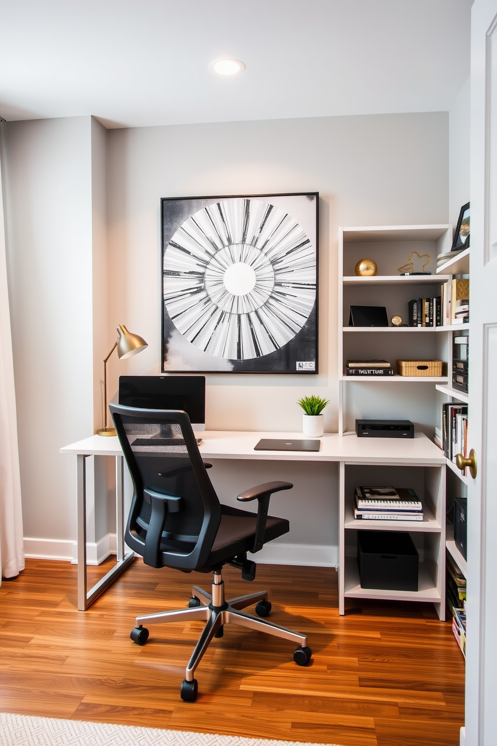 A modern home office design featuring a statement wall art piece that serves as a focal point. The workspace includes a sleek desk with a comfortable ergonomic chair and stylish shelving for organization.