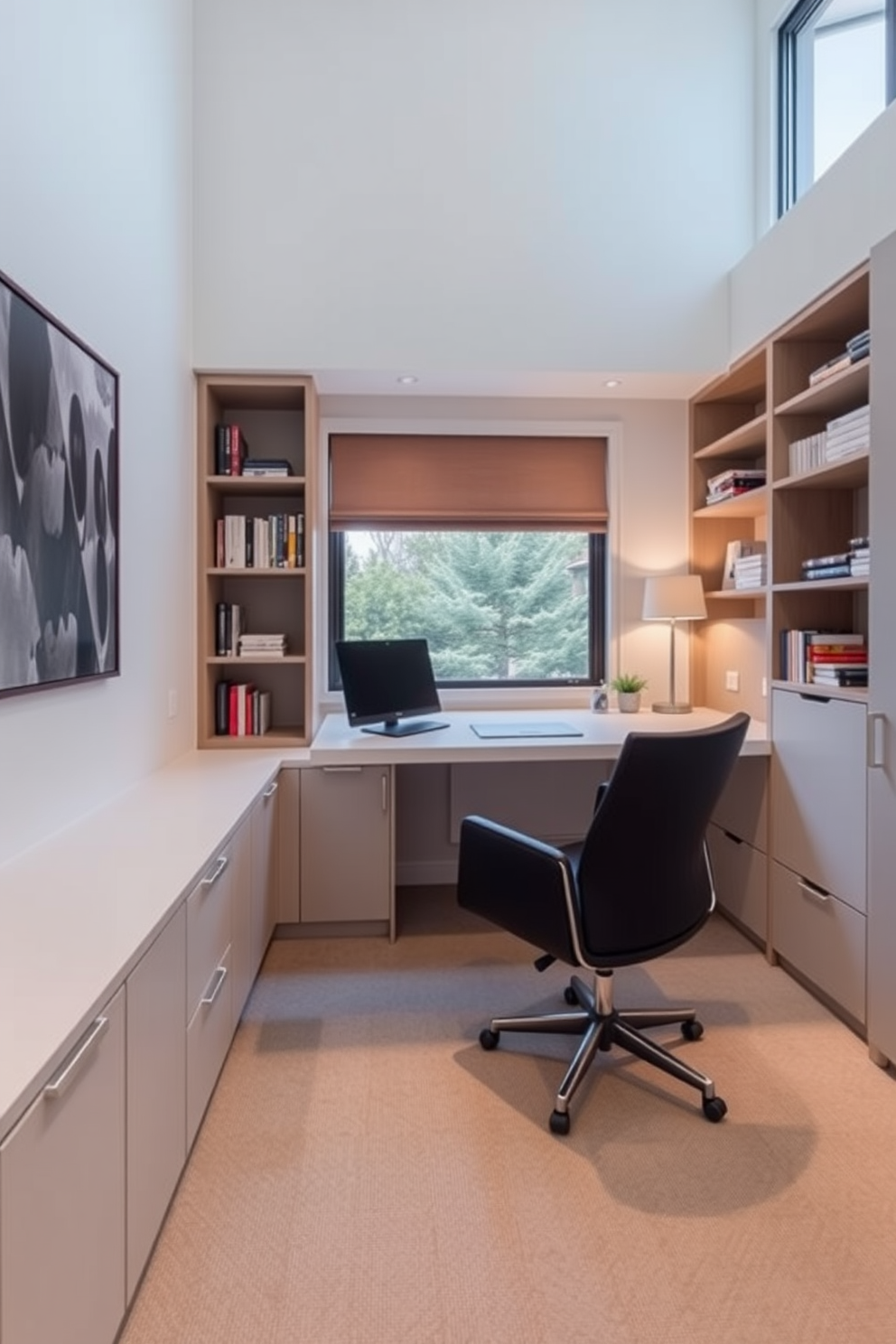 A sleek multi-functional desk that can be folded away when not in use is paired with a comfortable swivel chair. The room features built-in shelving units that maximize vertical space while providing ample storage for books and office supplies. The modern home office is designed with a minimalist aesthetic, showcasing a large window that allows natural light to flood the space. A neutral color palette combined with a few vibrant accents creates an inviting and productive atmosphere.