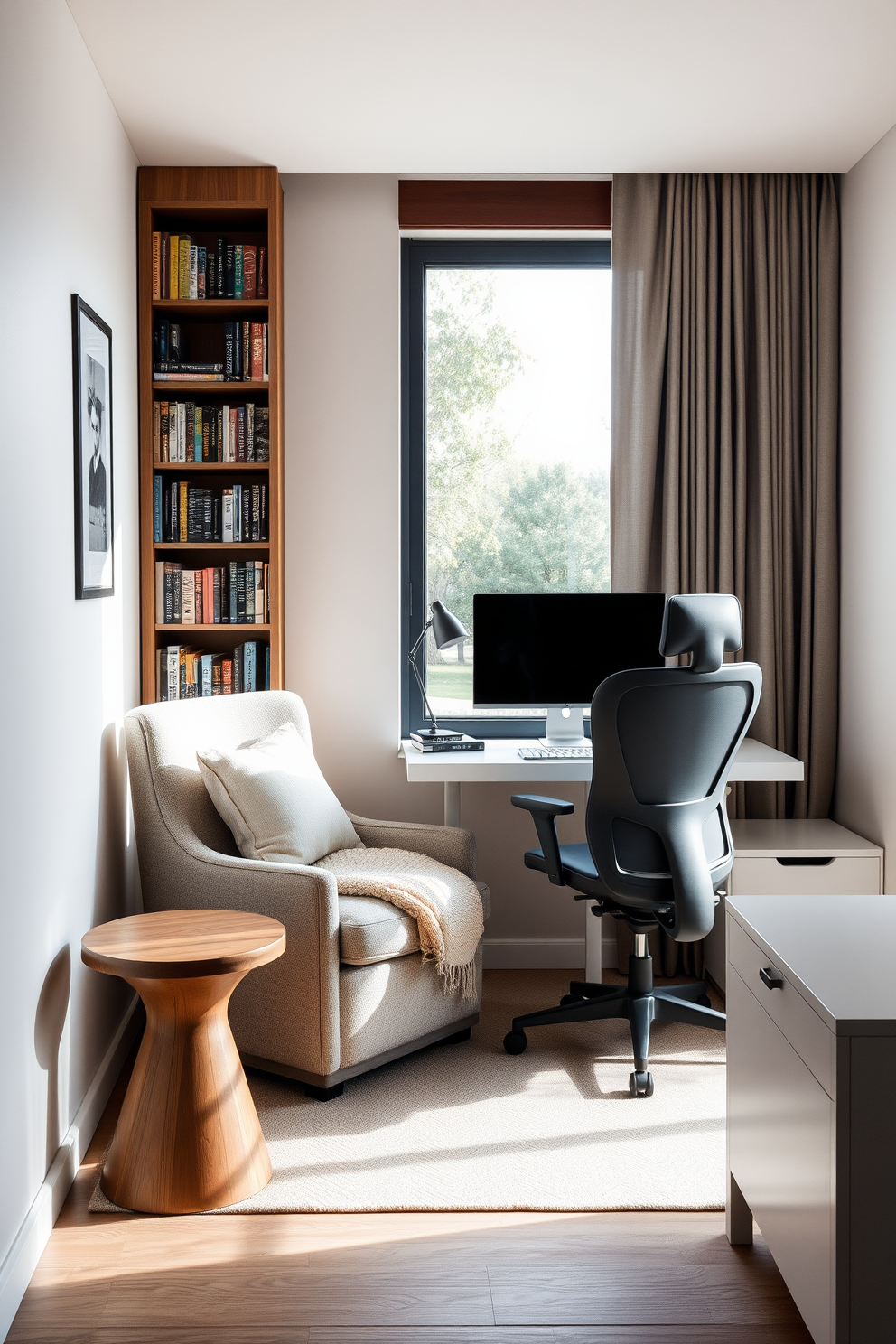 Cozy reading nook in corner. A plush armchair with a soft throw blanket sits beside a small wooden side table, while a tall bookshelf filled with colorful books lines the wall. Modern home office design ideas. A sleek desk with a minimalist design faces a large window, allowing natural light to flood the space, while a comfortable ergonomic chair complements the contemporary aesthetic.