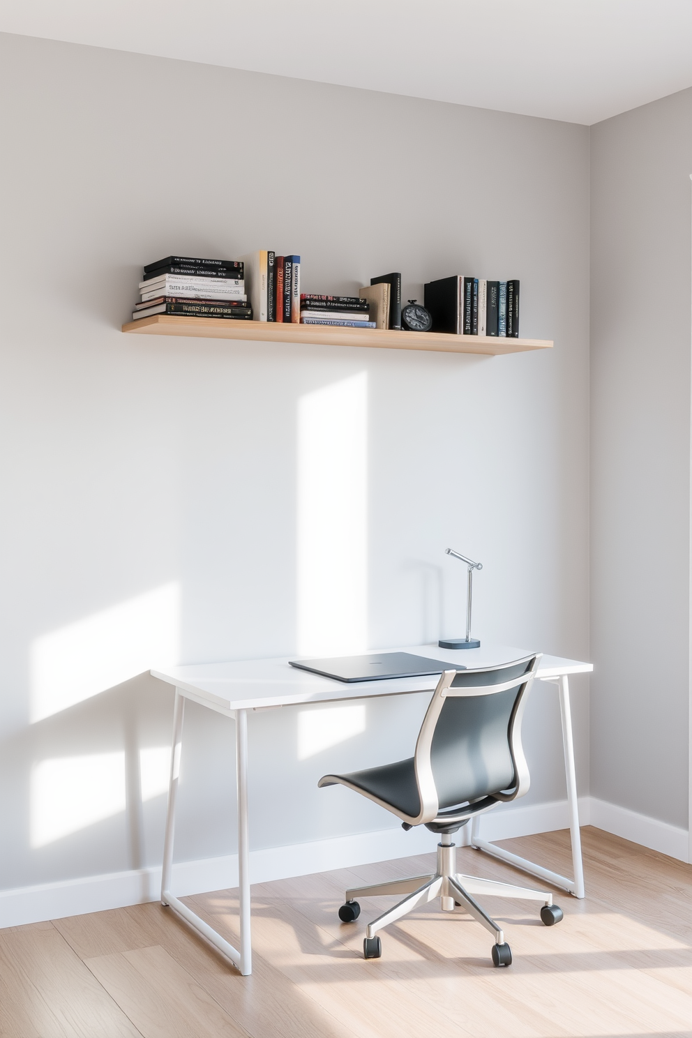 A minimalist desk with clean lines is centered in the room, featuring a light wood finish that complements the serene atmosphere. Above the desk, open shelving showcases carefully curated books and decorative items, enhancing the sense of space and organization. The walls are painted in a soft white hue, creating a bright and airy environment. A comfortable ergonomic chair in a neutral tone completes the setup, providing both style and functionality for a modern home office in a small space.