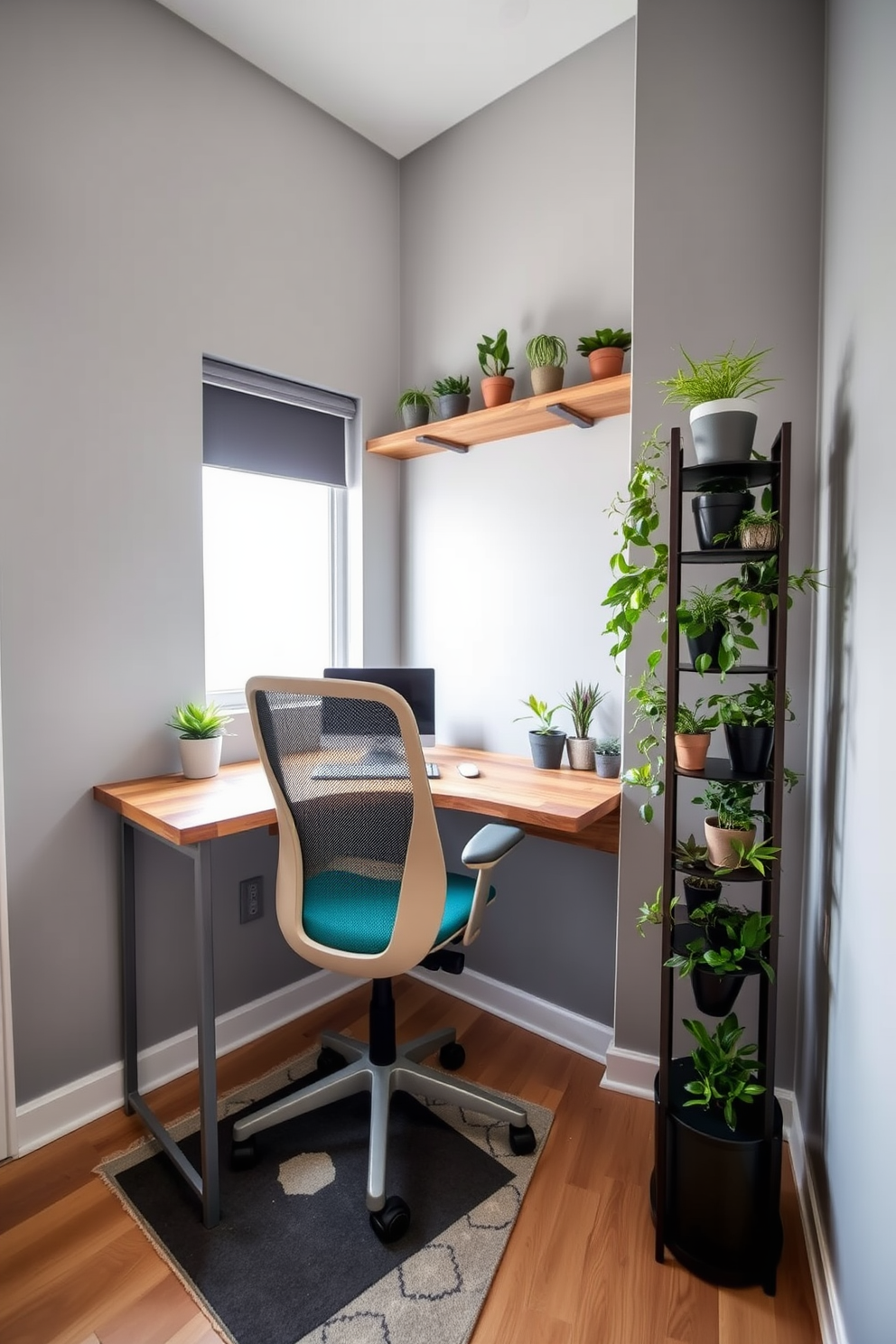 A bright and airy home office bathed in natural light. Sheer curtains gently filter the sunlight, creating a warm and inviting atmosphere. The workspace features a sleek desk positioned near a window, with minimalist decor and a comfortable ergonomic chair. Light wood finishes and greenery add a touch of warmth to the modern design.