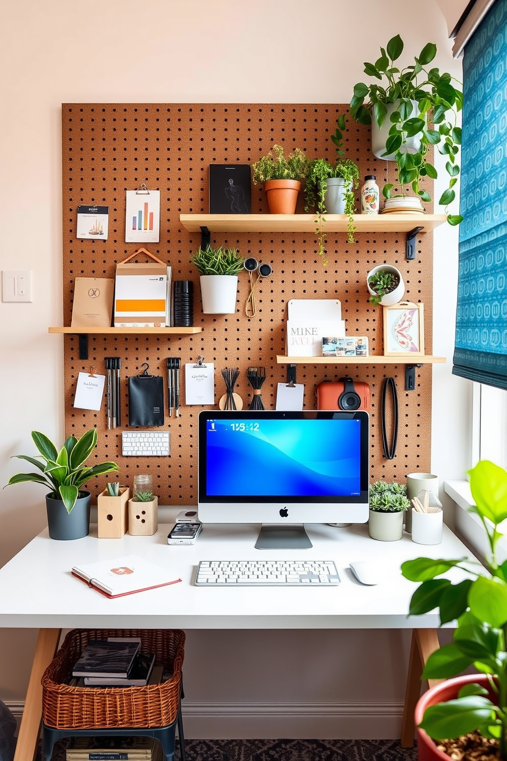 A modern home office designed for small spaces features a pegboard mounted on the wall for efficient organization. The pegboard is adorned with various hooks and shelves to hold office supplies, plants, and decorative items, creating a functional yet stylish workspace.