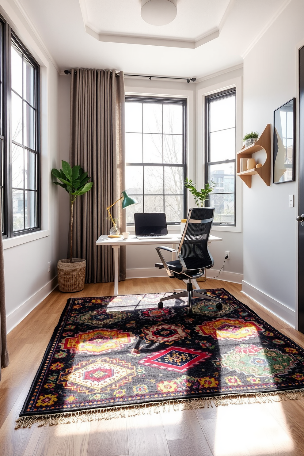 A colorful area rug lies at the center of the room, featuring vibrant patterns that add warmth and personality. Surrounding the rug, a sleek desk and ergonomic chair create a functional workspace, while large windows allow natural light to flood the area. In a modern home office design for small spaces, a minimalist desk is paired with a stylish wall-mounted shelf for organization. Soft, neutral tones are complemented by pops of color in the decor, creating an inviting and productive atmosphere.