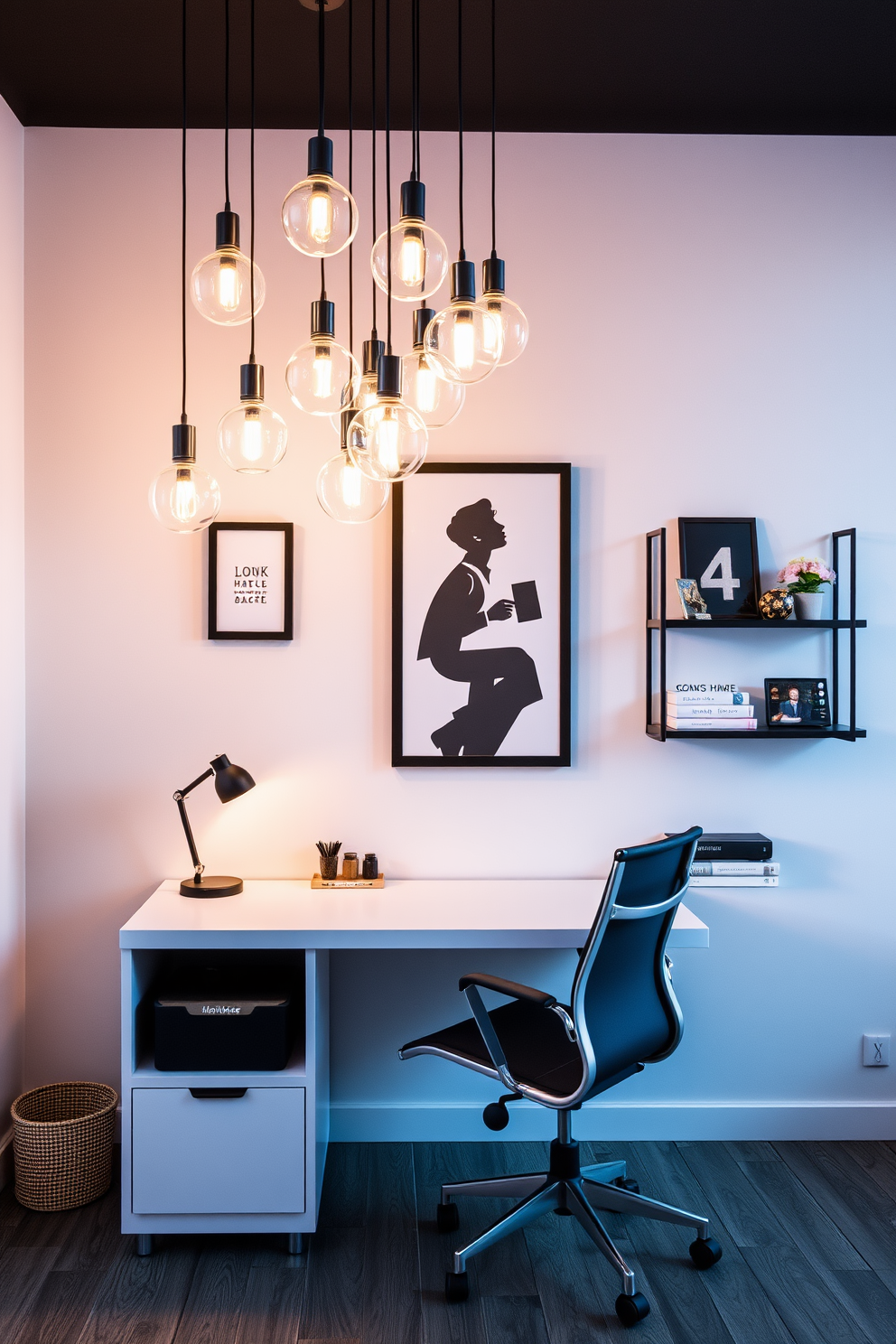 Chic pendant lighting for ambiance. The space features a cluster of sleek pendant lights hanging at varying heights above a minimalist desk, creating a warm and inviting atmosphere. Modern Home Office Design Ideas for Small Spaces. The office includes a compact desk with built-in storage, paired with a stylish ergonomic chair, and accented by wall-mounted shelves displaying curated decor.