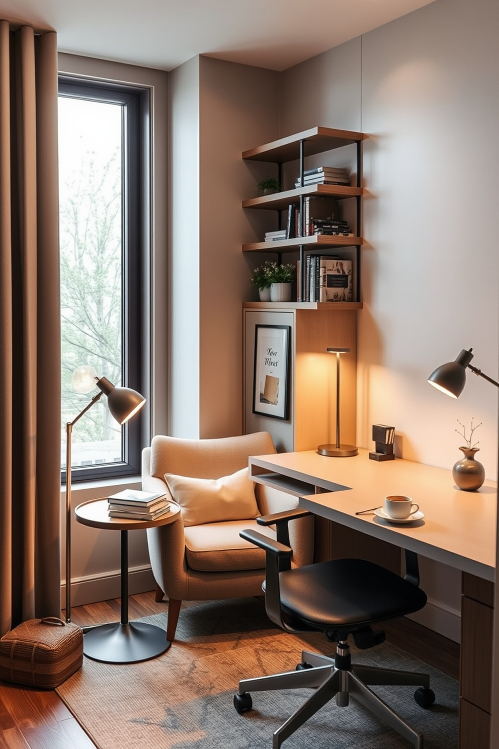 A cozy reading nook with a plush armchair in a soft fabric placed next to a large window. A small side table holds a stack of books and a warm cup of tea, while a floor lamp provides gentle lighting. Modern home office design ideas for small spaces featuring a sleek desk with built-in storage solutions. A comfortable ergonomic chair complements the minimalist aesthetic, and wall-mounted shelves display decorative items and books.