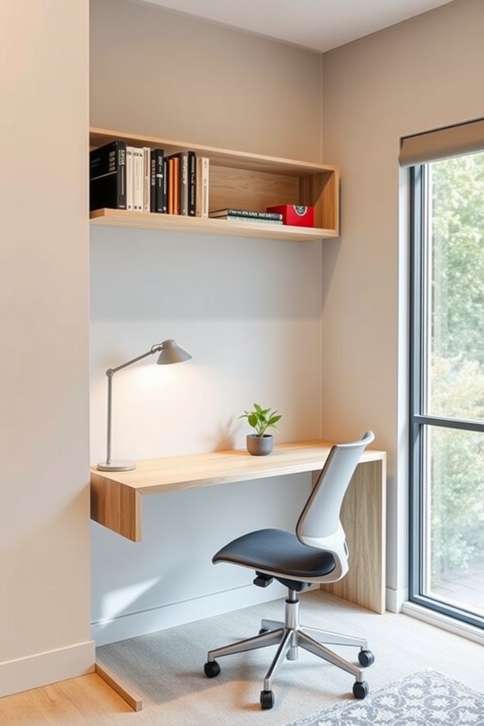 A modern home office designed for small spaces features a sleek, minimalist desk made of light wood positioned against a wall. Above the desk, a floating shelf holds books and decorative items, while a comfortable ergonomic chair provides a pop of color. The walls are painted in a soft gray, enhancing the sense of space and light. A large window allows natural light to flood in, and a small potted plant sits on the desk, adding a touch of greenery.