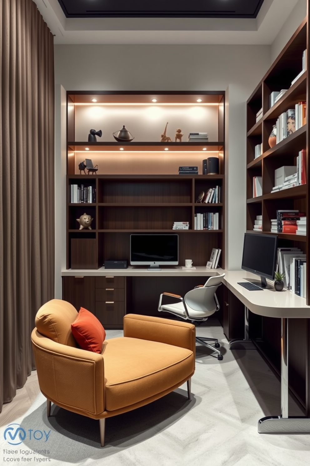 A modern home office design featuring a small sofa in a cozy corner. The workspace includes a sleek desk with a stylish chair, surrounded by shelves filled with books and decorative items.