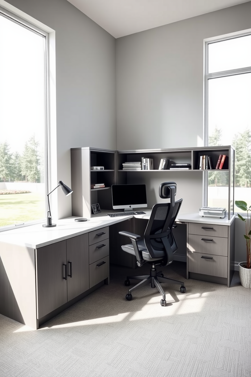 A sleek desk with built-in storage solutions is positioned against a light gray wall. The desk features a combination of open shelves and closed cabinets for a clutter-free workspace. A comfortable ergonomic chair complements the desk, providing both style and functionality. Large windows allow natural light to flood the space, enhancing the modern aesthetic of the home office.