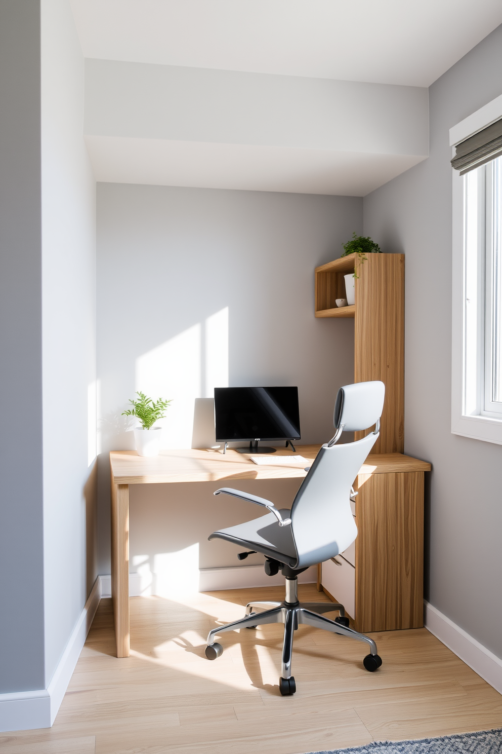 A compact corner desk made of light wood is positioned in a cozy nook, maximizing the use of space. An ergonomic chair in a sleek design complements the desk, providing comfort for long working hours. The walls are painted in a soft gray, creating a calming atmosphere, while a small potted plant adds a touch of greenery. Natural light streams in from a nearby window, enhancing the inviting ambiance of this modern home office.