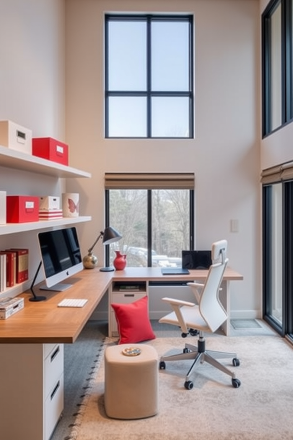 A modern home office design features decorative boxes strategically placed on shelves and the desk to maintain a clean and organized look. The color palette includes soft neutrals with pops of vibrant accents to create an inviting and productive atmosphere. Incorporate a sleek desk with built-in storage and a comfortable ergonomic chair for functionality. Large windows allow natural light to flood the space, enhancing the overall aesthetic and promoting a positive work environment.