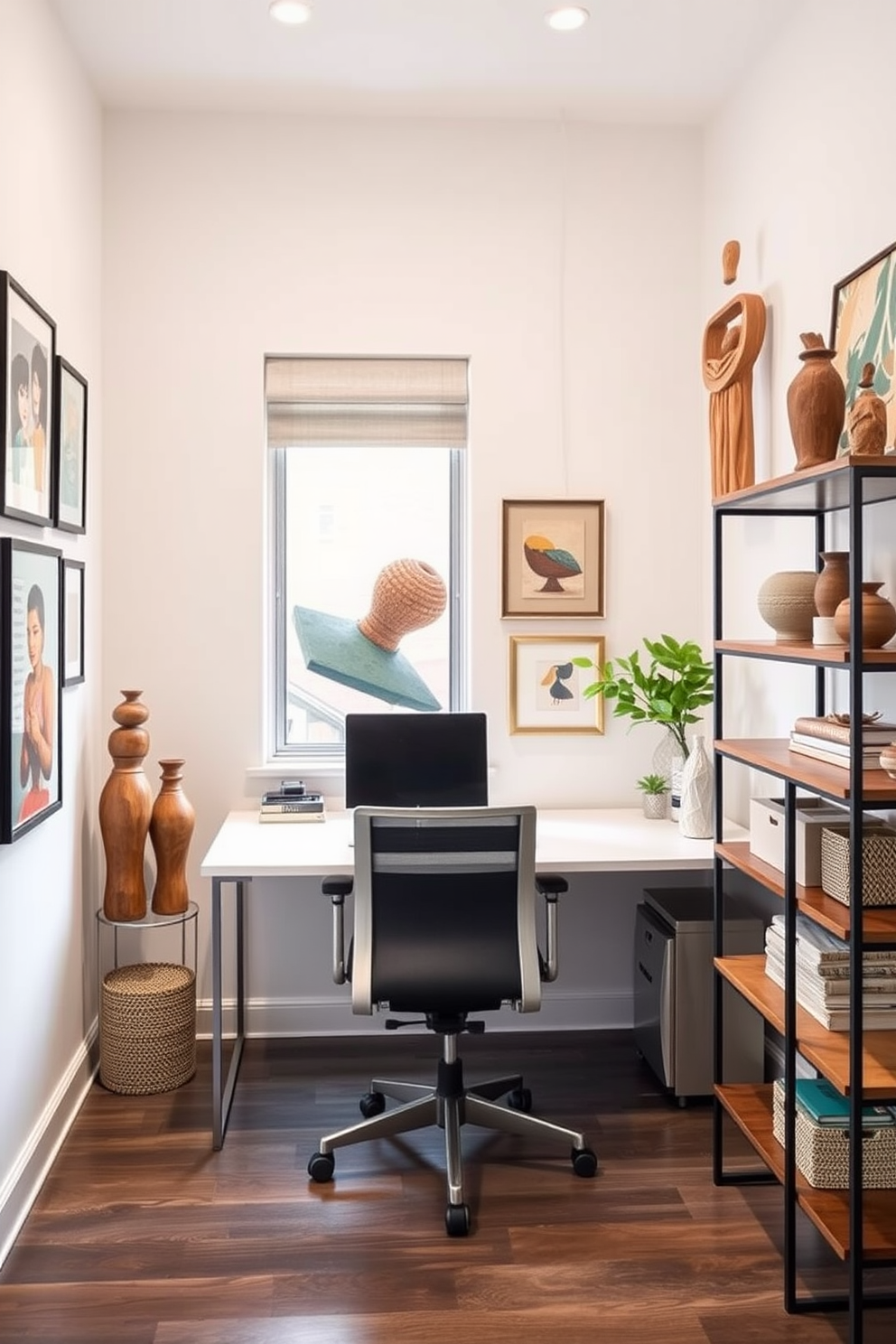 A sleek desk lamp with a minimalist design provides focused lighting for a modern home office. The lamp features an adjustable arm and a warm LED bulb, enhancing productivity in a compact workspace. The home office is designed with space-saving furniture, including a wall-mounted desk and a comfortable ergonomic chair. Neutral color palettes and stylish decor elements create an inviting atmosphere for work and creativity.