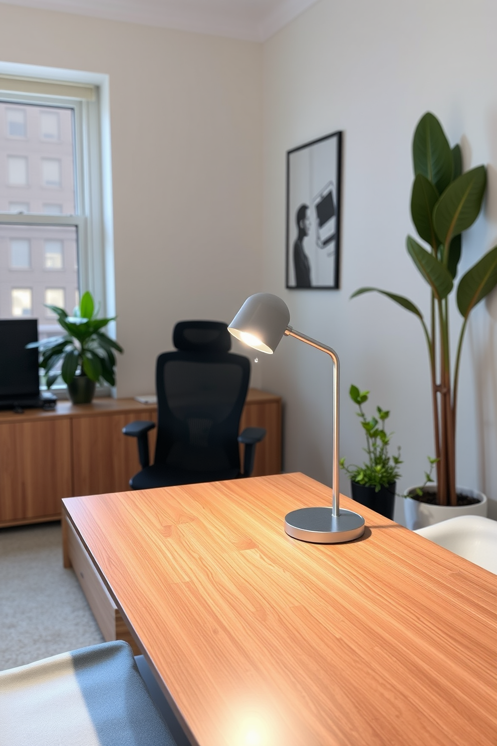 A compact desk lamp designed for task lighting sits on a sleek wooden desk in a modern home office. The lamp features a minimalist design with a warm white bulb, providing focused illumination in a small, stylish workspace. The home office is decorated with light-colored walls and a large window that allows natural light to flood the room. A comfortable ergonomic chair complements the desk, while a few potted plants add a touch of greenery to the compact space.