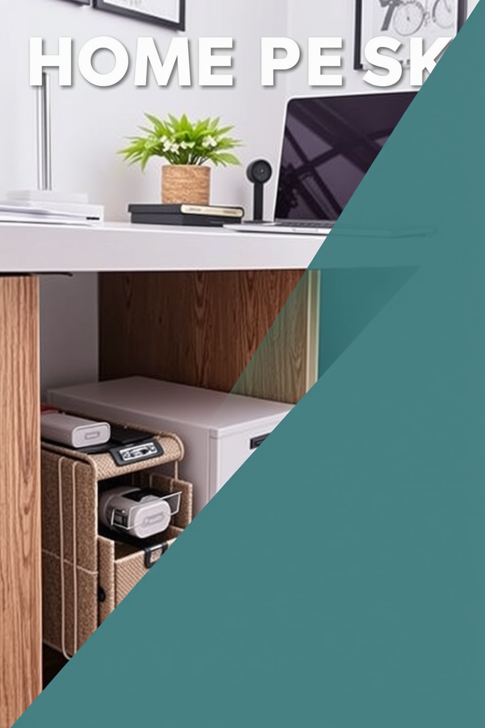 A modern home office designed for small spaces features under-desk storage options that maximize functionality while maintaining a clean aesthetic. The desk is sleek and minimalistic, paired with stylish organizers that keep essential items within reach yet out of sight.