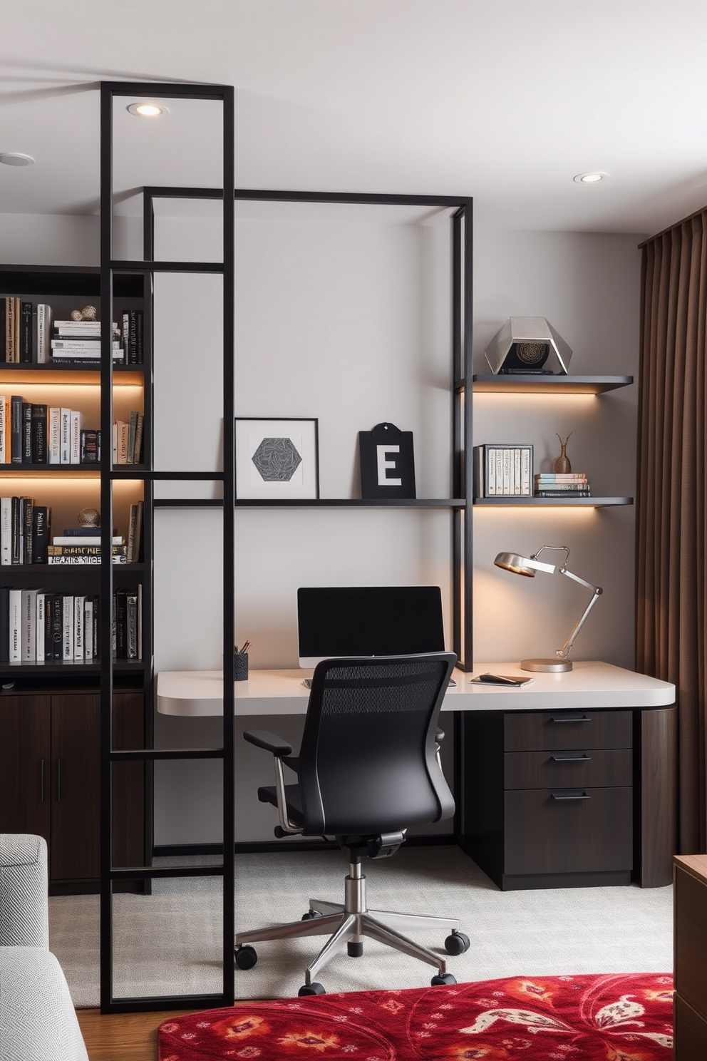 A modern home office design featuring a stylish room divider to create privacy. The space includes a sleek desk with a comfortable ergonomic chair and shelves filled with books and decorative items.