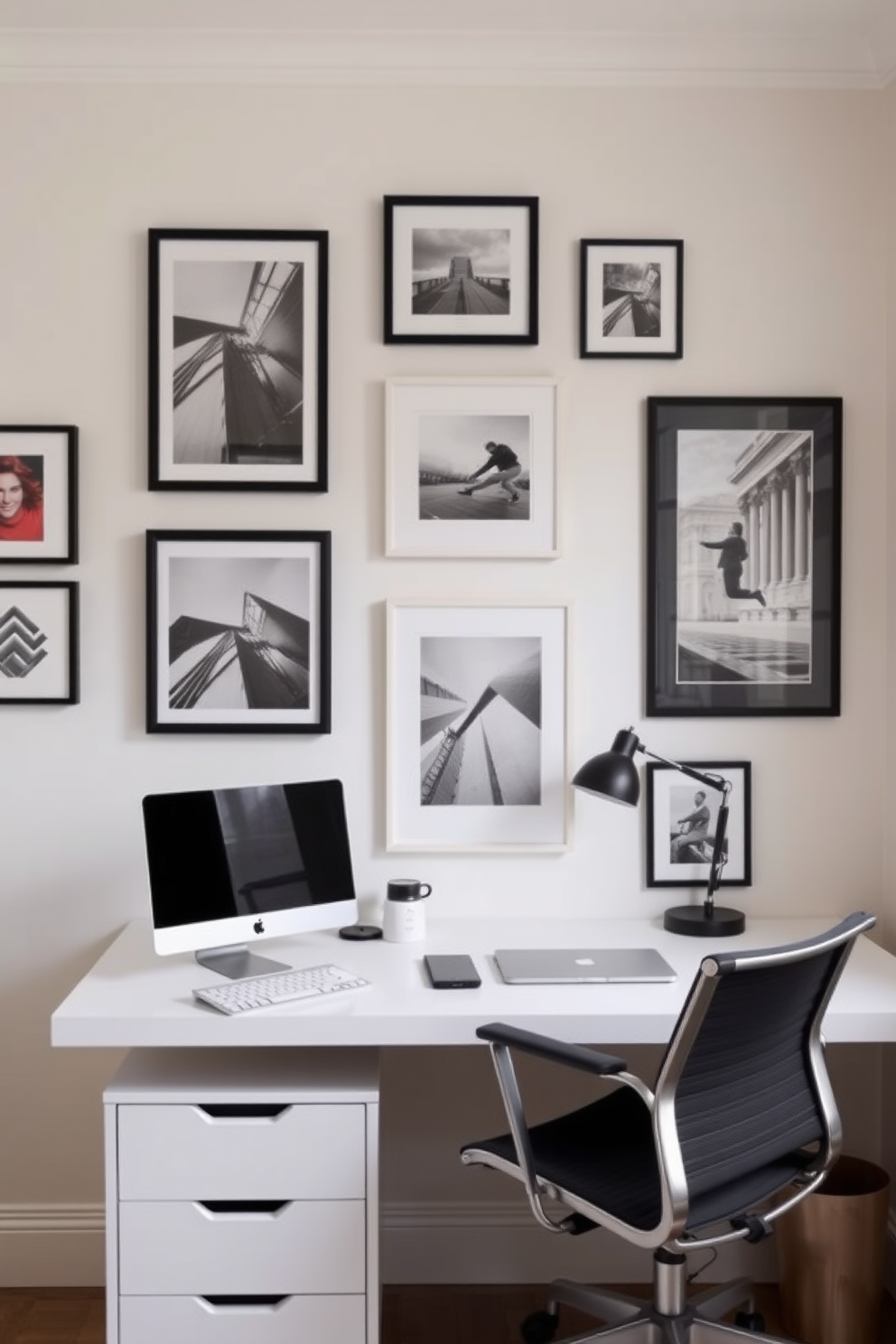 Create a gallery wall featuring a mix of framed art pieces and personal photographs. The wall should be painted in a soft neutral tone to highlight the artwork and create a cohesive look. Design a modern home office that maximizes space in a small area. Incorporate sleek furniture, such as a minimalist desk and ergonomic chair, while adding stylish storage solutions to keep the workspace organized.