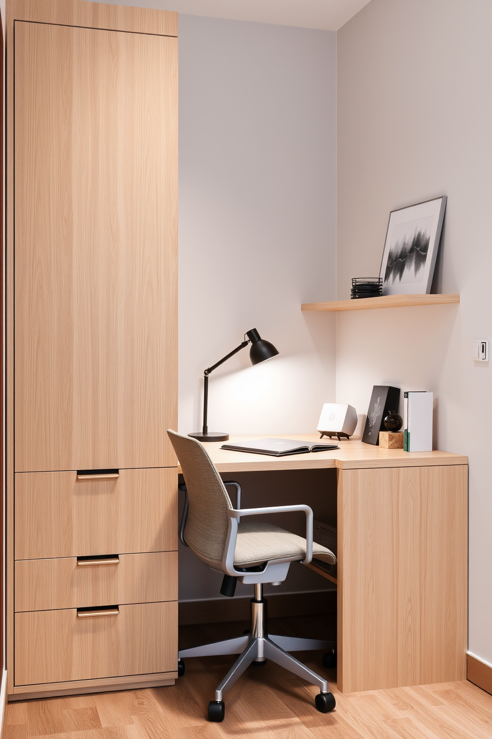 A modern home office design in a small space features a sleek and stylish filing cabinet made of light wood, providing both functionality and aesthetic appeal. The desk is positioned against a wall, adorned with a minimalist lamp and a few decorative items, while a comfortable ergonomic chair complements the setup.