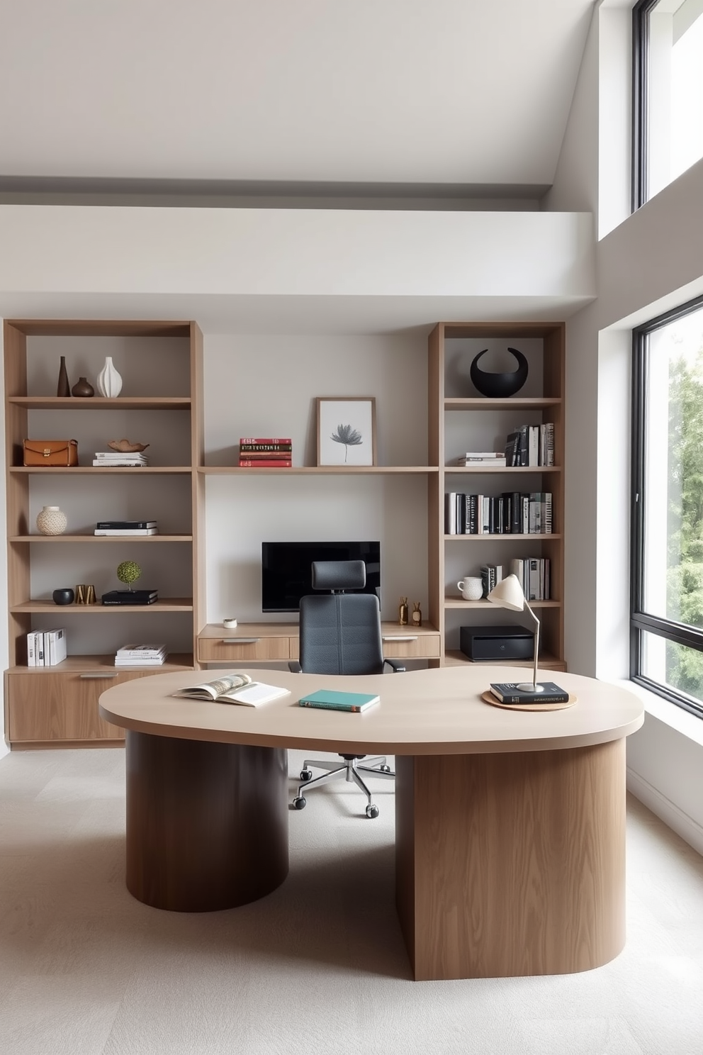 A stylish modern home office features a small, comfortable sofa in a corner for relaxation. The desk is sleek and minimalist, positioned against a wall adorned with inspirational artwork and shelves filled with books and decorative items.