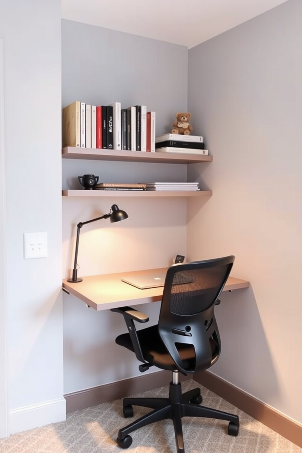 A sleek wall-mounted desk is positioned against a light gray wall, maximizing floor space while maintaining a minimalist aesthetic. The desk features clean lines and a natural wood finish, complemented by a stylish ergonomic chair. Above the desk, open shelving displays neatly arranged books and decorative items, enhancing the modern feel of the home office. A soft area rug underfoot adds warmth, while a large window allows natural light to fill the room, creating an inviting workspace.