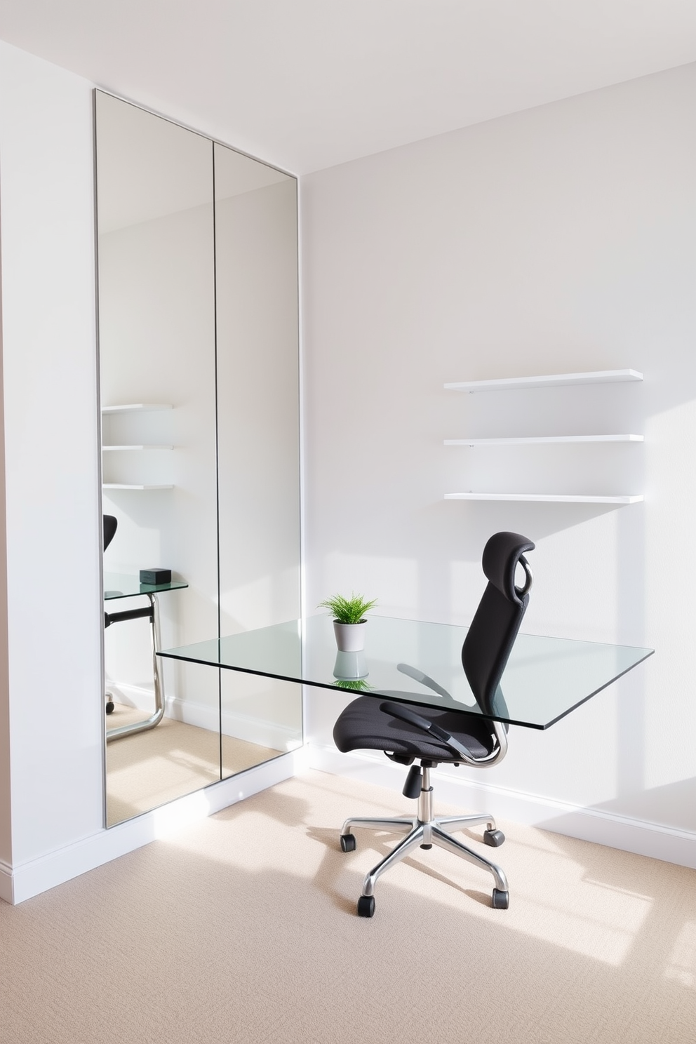 A modern home office setting features a sleek ladder shelf against the wall for vertical storage. The shelf holds neatly organized books, stylish decor, and potted plants, creating an inviting and functional workspace.